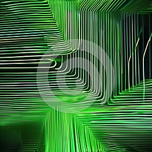 A visually stunning 3D render of abstract green neon lines dancing dynamically, leaving radiant trails on a profound black canva