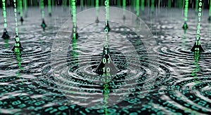 Digital Rain Binary Code Drops Creating Ripples on a Surface of Data