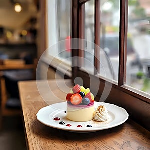 Elegant Fruit Cheesecake Dessert in Cozy CafÃ© Ambience