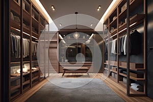 Interior of modern wardrobe with wooden walls and floor. 3d rendering Ai Generative