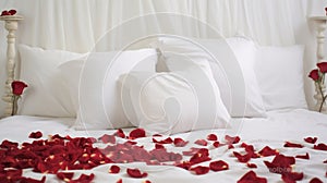 A visually stunning setting of red roses with petals scattered on a white bed, enhanced by two pillows, evoking a sense of romance