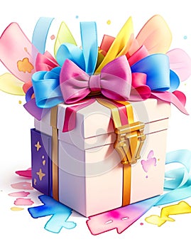 Visually Stunning Watercolor Illustration of a Gift Box, Complete with a Vibrant Ribbon, Set Against a Crisp White Backdrop