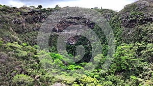 The Vital Basin waterfall on Reunion Island seen from a drone