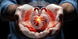 Vital care A mans hand cradling a heart representing cardiovascular illness