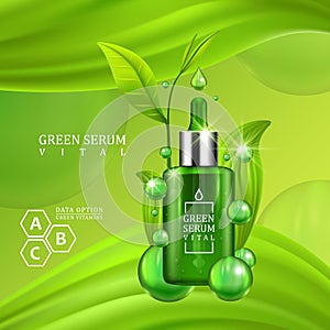 Vital serum dropper bottle decorated with green leaves on juicy green background. Skin care vitamin formula treatment