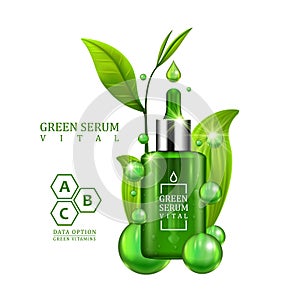 Vital serum dropper bottle decorated with green leaves on white background. Skin care vitamin formula treatment design