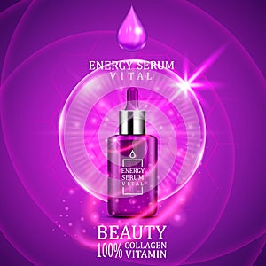 Vital serum dropper bottle on shining purple background. Realistic bottle view with magic vital drops and glitters