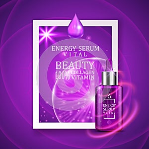 Vital serum dropper bottle on shining purple background. Realistic bottle view with magic vital drops and glitters