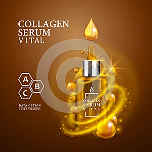 Vital serum golden dropper bottle on light brown background. Realistic bottle view with magic vital drops and glitters