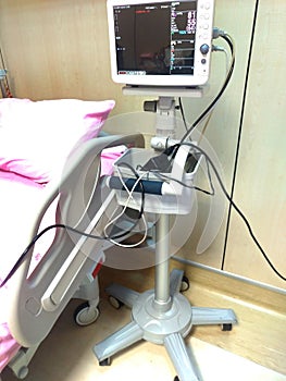 Vital signs monitoring display in ICU showing heart rate, pulse , and blood pressure . Modern medical monitor with ECG