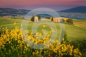 Vitaleta chapel in the grain fields, near Pienza, Tuscany, Italy