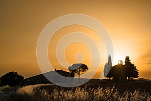 Vitaleta Chapel at sunset, Tuscan landscape near San Quirico d`Orcia, Siena, Tuscany Italy