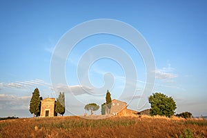 Vitaleta Chapel, Tuscan landscape near San Quirico d`Orcia, Siena, Tuscany Italy