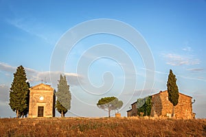 Vitaleta Chapel, Tuscan landscape near San Quirico d`Orcia, Siena, Tuscany Italy