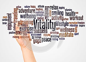 Vitality word cloud and hand with marker concept