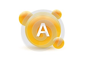 Vitamin A 3d icon. Circle drop, capsule or pill isolated on white background. Molecule bubbles design. Vector
