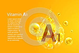 Vitamin A1. Baner with vector images of golden drops with oxygen bubbles. Health concept