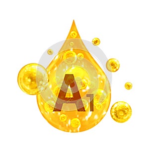 Vitamin A1. Images golden drop and balls with oxygen bubbles. Health concept. Isolated on white background