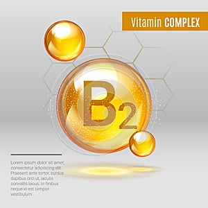 Vitamin B 2 gold shining pill capcule icon . Vitamin complex with Chemical formula, group B, Riboflavin. Shining golden