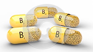 Vitamin B. B1 B2 B6 B12 capsules on a white isolated background. 3d rendering