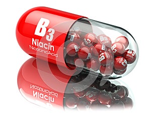 Vitamin B3 capsule. Pill with Niacin or nicotinic acid. Dietary photo