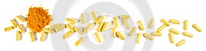 Vitamin B Capsules and Powder Panorama isolated on white Background