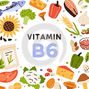 Vitamin B6 card. Frame of organic natural food sources of vitamine B 6. Healthy nutrients circle. Nutritions enriched