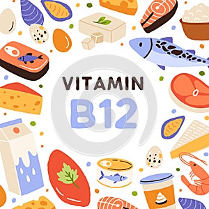 Vitamin B12 card with healthy food frame. Natural nutritious dairy products, milk and fish enriched with B 12 vitamine photo