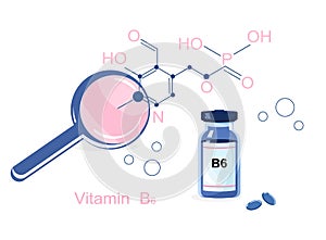 Vitamin B6 with Chemical formula.Pyridoxine and coenzyme.Essential nutrient.Bioactive complex pills. photo