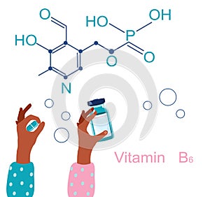 Vitamin B6 with Chemical formula.Pyridoxine and coenzyme.Essential nutrient.hand holds bioactive complex pills and jar with tablet photo