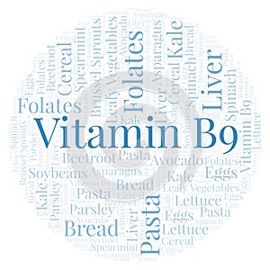 Vitamin B9 in a circle shape word cloud.