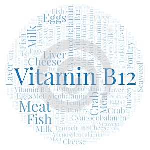 Vitamin B12 in a circle shape word cloud.