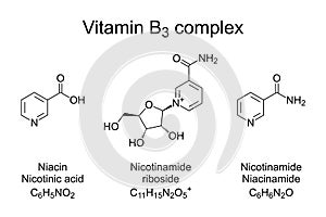 Vitamin B3 complex nicotinamide niacin and nicotinamide riboside chemical formulas photo