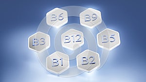 vitamin b complex. vitamin b1, b5, b12 symbols arranged on hexagons, 3d rendering on blue background