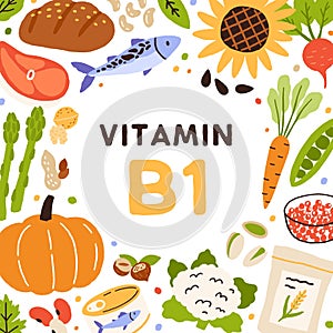 Vitamin B1, frame with vitamine food. Circle of healthy organic vegetables, fruits, fish, nuts and caviar enriched with photo