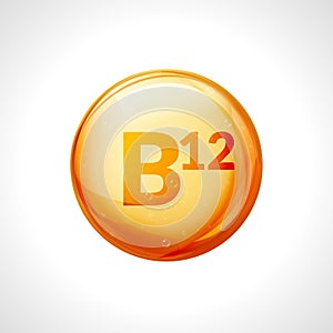 Vitamin B12 gold pill icon. Vitamin complex with B group, cyanocobalamin, hydroxocobalamin medicine photo