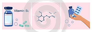 Vitamin B6 infographic set.Pyridoxine and coenzyme chemical formula.Essential nutrient.hand holds jar with bioactive complex pills photo