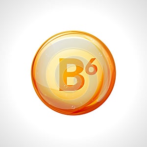 Vitamin b6 pill icon. Pyridoxine nutrition care. Gold drop essence. Isolated golden vector symbol of b6 vitamin medicine