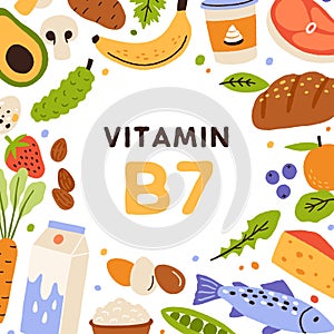 Vitamin B7, square card with natural nutrients frame. Healthy food sources of B 7. Organic nutrition enriched with photo