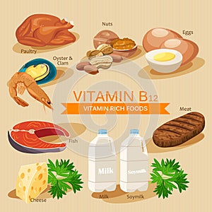 Vitamin B12. Vitamins and minerals foods. Vector flat icons graphic design. Banner header illustration. photo