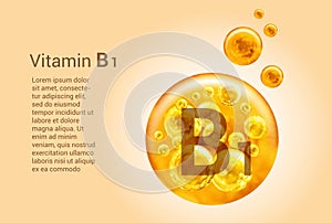 Vitamin B1. Baner with vector images of golden balls with oxygen bubbles. Health concept