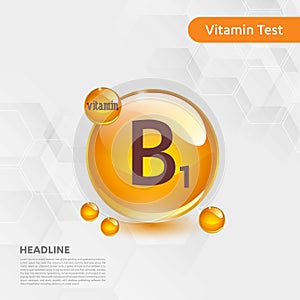 Vitamin B1 gold shining pill capcule icon, cholecalciferol. golden Vitamin complex with Chemical formula substance drop. Medical f