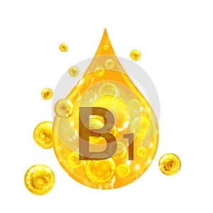 Vitamin B1. Images golden drop and balls with oxygen bubbles. Health concept. Isolated on white background