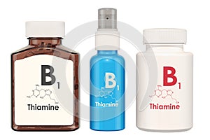 Vitamin B1, thiamine. Medical bottles with pills and spray bottle, 3D rendering
