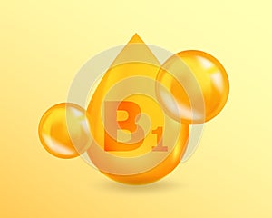 Vitamin B1 Thiamine. Realistic Vitamin drop B1 Thiamine design. 3D Vitamin complex illustration concept.