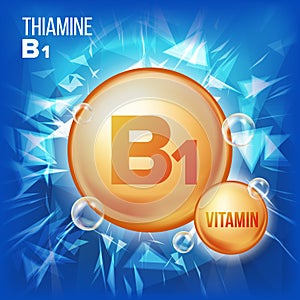 Vitamin B1 Thiamine Vector. Vitamin Gold Oil Pill Icon. Organic Vitamin Gold Pill Icon. For Beauty, Cosmetic, Heath