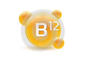 Vitamin B12 3d icon. Circle drop, capsule or pill isolated on white background. Molecule bubbles design. Vector illustration