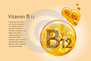 Vitamin B12. Baner with vector images of golden balls with oxygen bubbles. Health concept