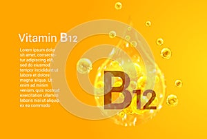 Vitamin B12. Baner with vector images of golden drops with oxygen bubbles. Health concept
