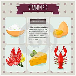 Vitamin B12 on black background. Vector illustration, eps 10. Fruit and vegetables with vitamin B12 info graphics set.